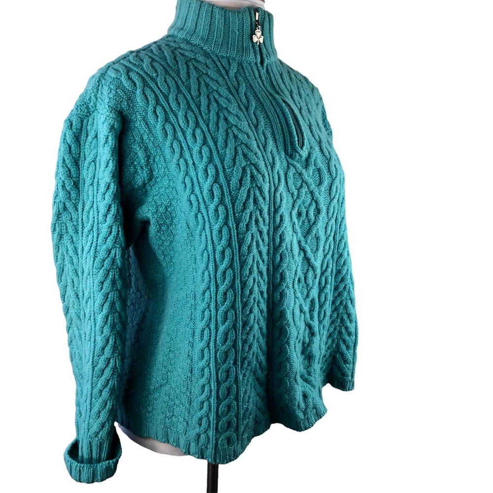 Aran Crafts Cable Knit Wool Sweater Teal Turquoise 1/4 Quarter Zip Ireland XL